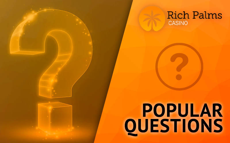 Question mark icon and Rich Palms Casino logo