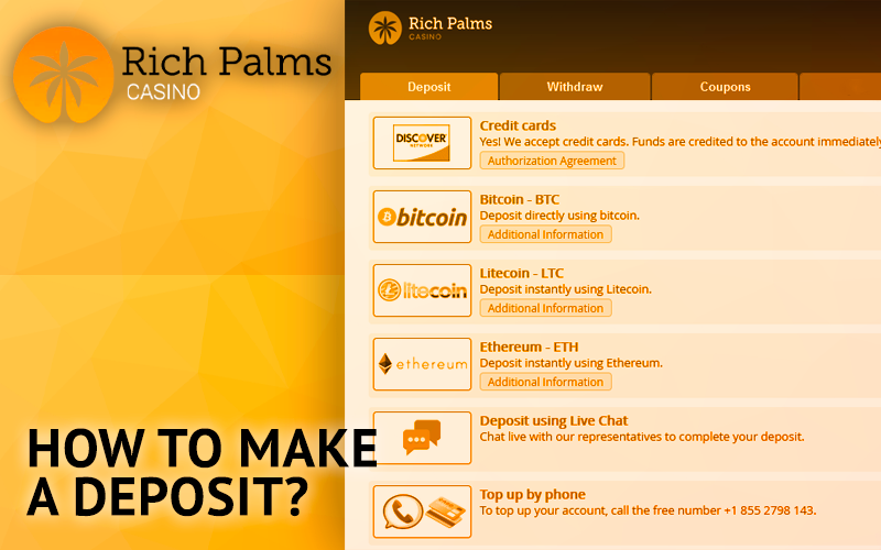 Open deposit method selection page at Rich Palms