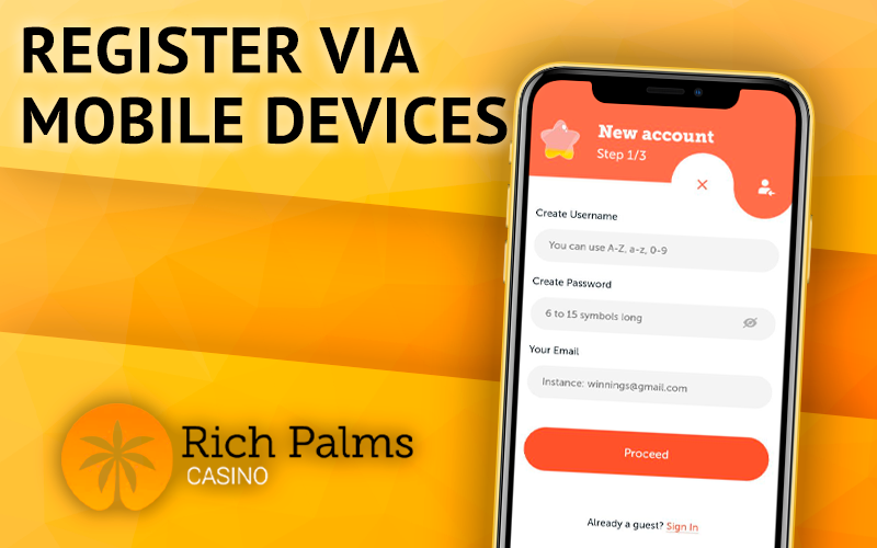 iPhone with the Rich Palms Casino website registration page open on it