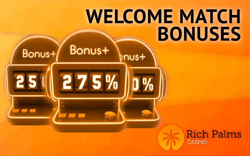 Three slots with the word bonus and percentages at Rich Palms