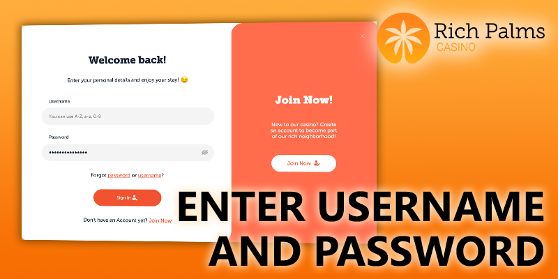 Login form at Rich Palms Casino - enter your data: username and password