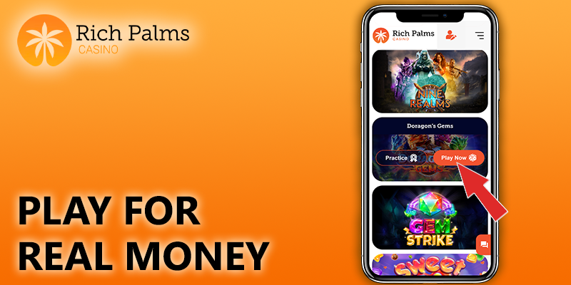 click on "Play now" button in the mobile lobby of rich palms casino via iPhone and play for real money