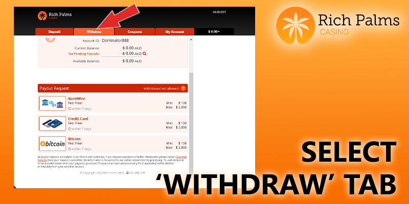select a withdraw tab at rich palms casino